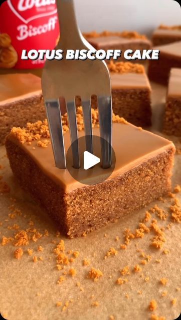 a piece of cake with a fork sticking out of it's center and the caption lotus biscoff cake