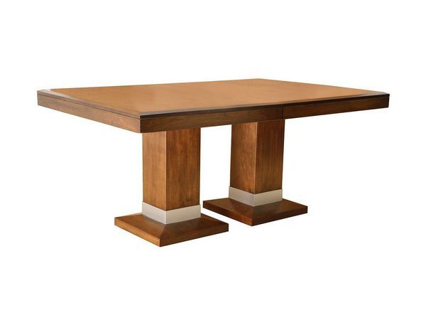 a wooden table with two pedestals on each side