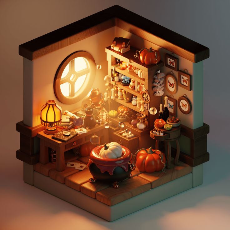 an image of a room that is in the shape of a house with pumpkins and other items