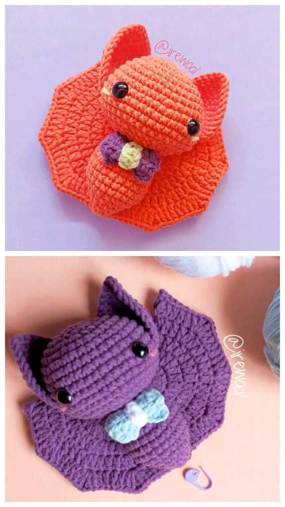 crocheted stuffed animals are shown in three different colors and sizes, one is orange, the other is purple