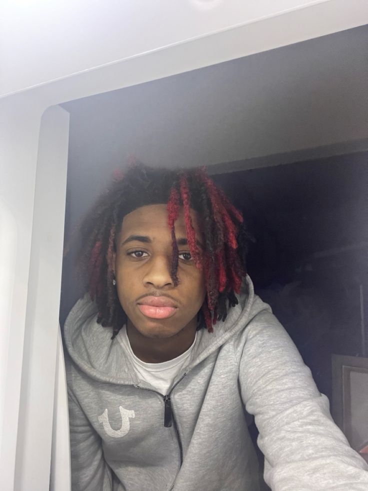 Red dreads Red Dreadlocks Men, Black And Red Dreads Men, Red Locs Men, Red Dreads Men, Dark Skin Dyed Hair, Red And Blonde Locs, Red And Black Dreads, Dyed Dreads Men, Boys Dreads Hairstyles