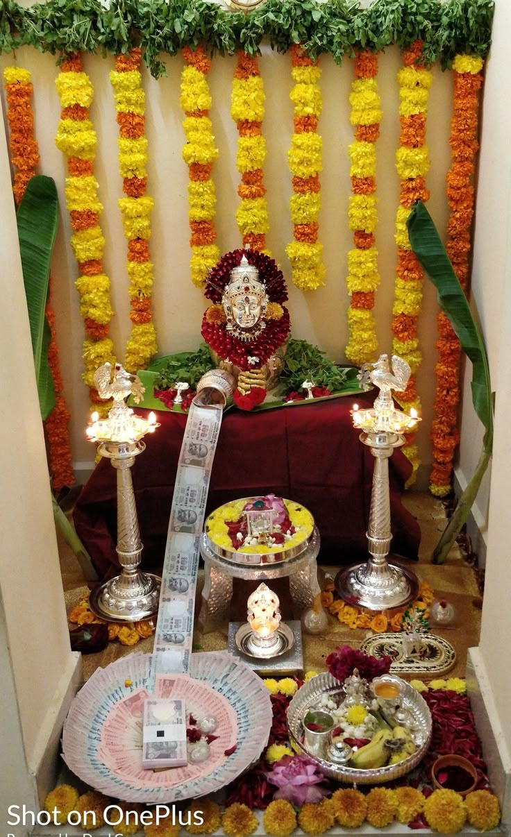 an arrangement of food and decorations on display