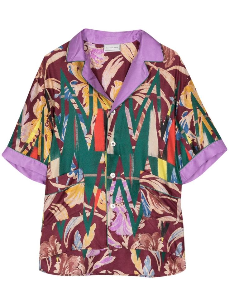 purple/multicolour silk all-over graphic print notched collar front button fastening short sleeves two front patch pockets straight hem Summer Silk Shirt With Graphic Print, Designer Graphic Print Blouse For Summer, Designer Summer Blouse With Graphic Print, Designer Blouse With Graphic Print For Summer, Designer Multicolor Camp Collar Shirt, Multicolor Silk Collared Blouse, Designer Multicolor Shirt With Camp Collar, Silk Short Sleeve Printed Shirt, Designer Multi-color Shirt With Camp Collar