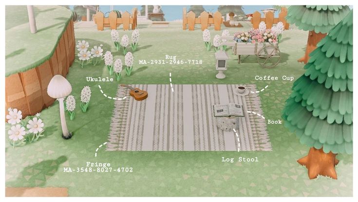 an animated image of a picnic area with trees and flowers in the background, along with instructions for how to set up a picnic table