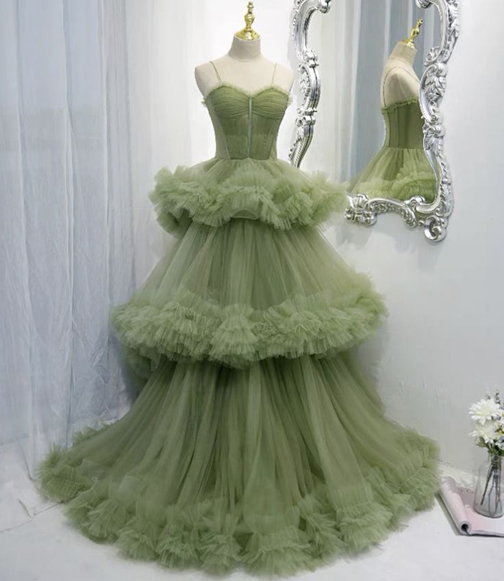 Modest Prom Gowns, Tulle Long Dress, Green Formal Dresses, Green Evening Dress, Green Tulle, Fairytale Dress, فستان سهرة, A Line Prom Dresses, Green Prom Dress