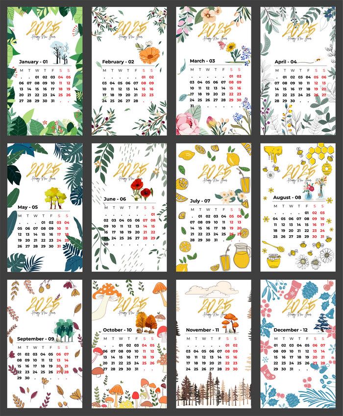 a calendar with colorful flowers and leaves on the front, side and back covers in different colors