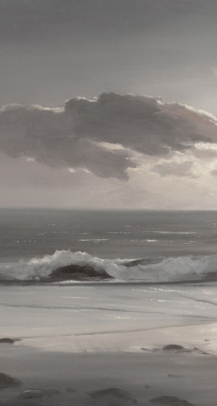 an oil painting of the ocean with waves coming in to shore and dark clouds above