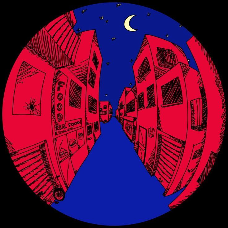 two red and blue buildings are seen in the middle of a circular image with a half moon above them