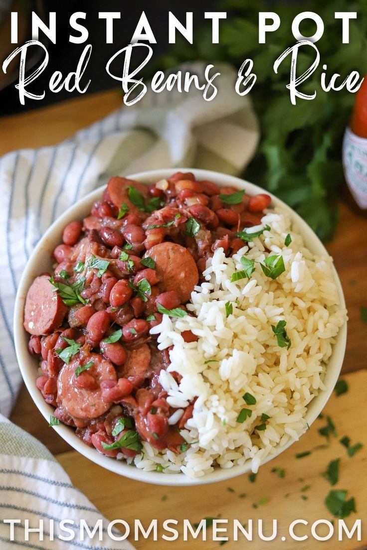 instant pot red beans and rice in a white bowl with parsley on the side