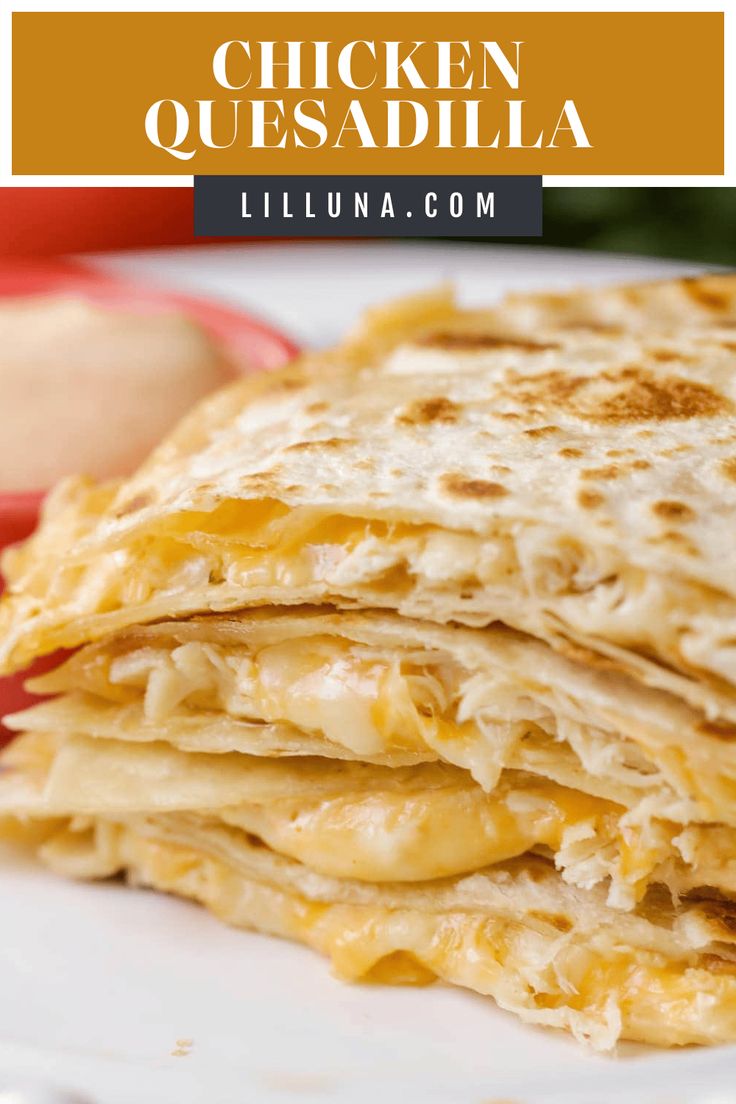 chicken quesadilla on a white plate with an apple in the background and text overlay