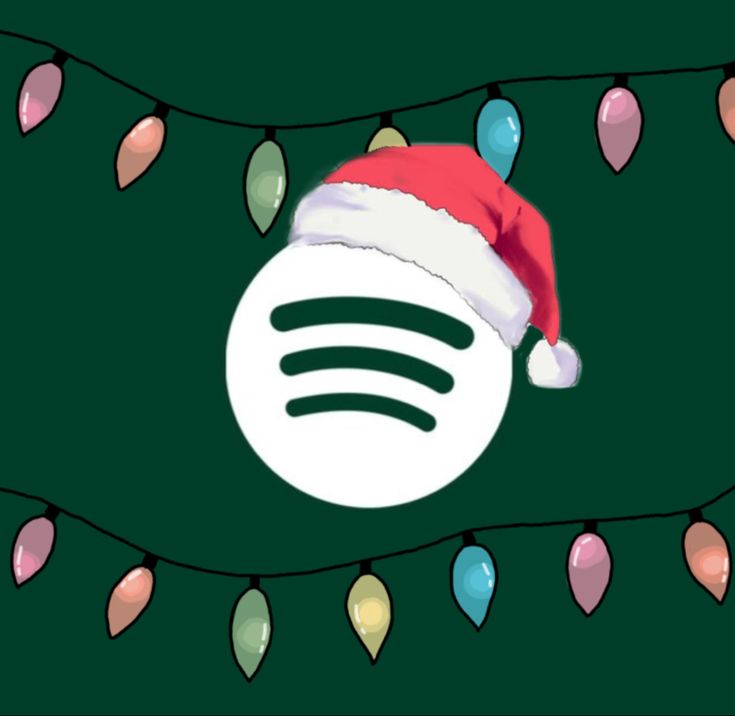 a green background with christmas lights and a white spot in the middle that has a red hat on it