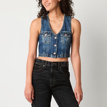 Stay on-trend with your looks thanks to this Arizona women's and junior's cropped denim vest. It's made from a structured recycled cotton blend with a v-neck and button-front closures on the front and flap pockets. Wear it with wide-leg pants.Closure Type: ButtonFit: Regular FitNeckline: V NeckPockets: 2 Front Flap PocketsSleeve Length: SleevelessApparel Length: 14.75 Inches - FrontFiber Content: 95% Cotton, 5% Recycled CottonFabric Description: DenimCare: Machine Wash, Tumble DryMaterial: Cotto Nicki Concert, Cropped Denim Vest, Woman Vest, Cropped Vest, Arizona Jeans, Cropped Denim, Denim Vest, Recycled Cotton, Womens Vest