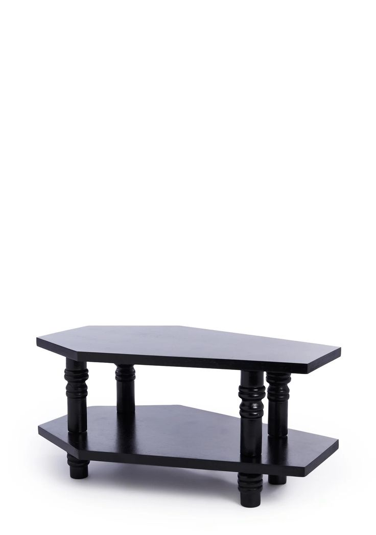 a black coffee table with two shelves on each side