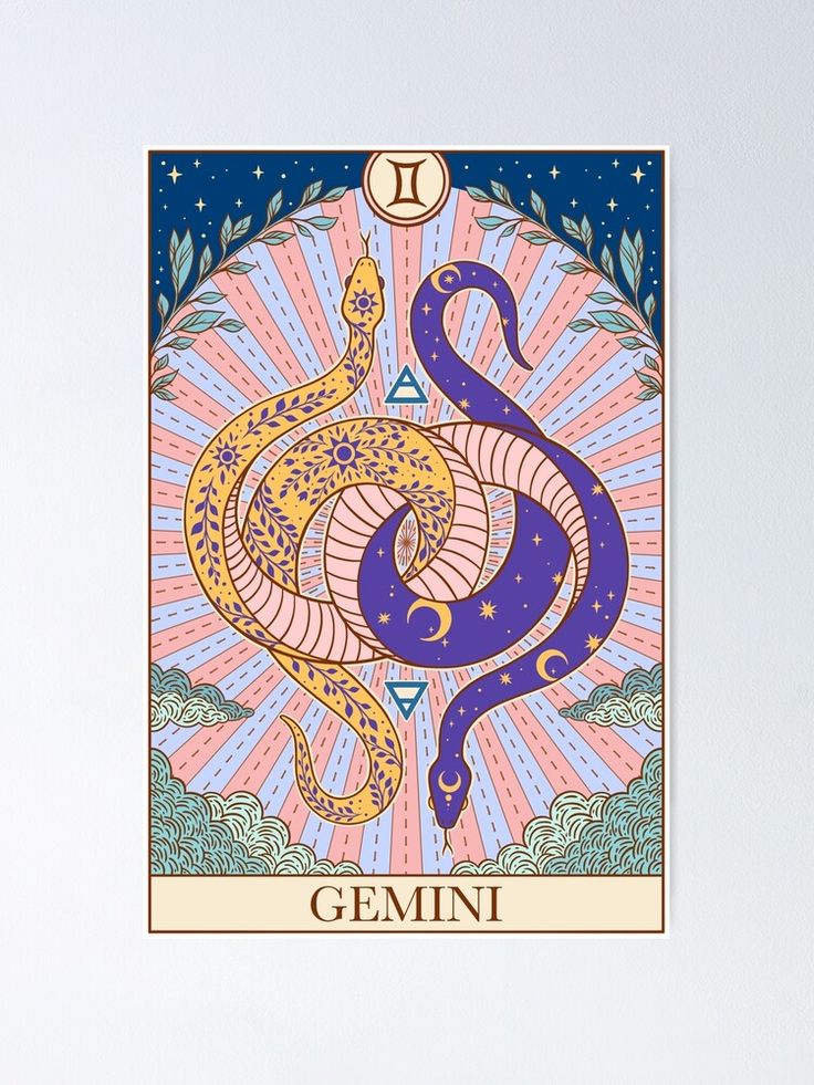 the zodiac sign for gemin with an ornate design in blue, pink and yellow