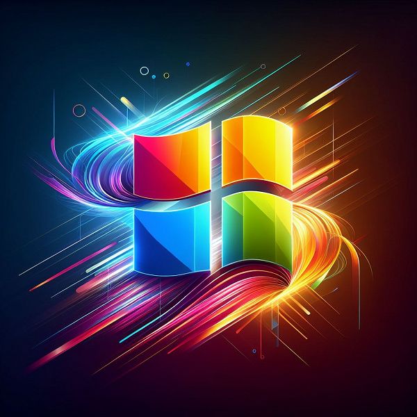 the windows logo on a dark background with colorful lines and shapes in the foreground