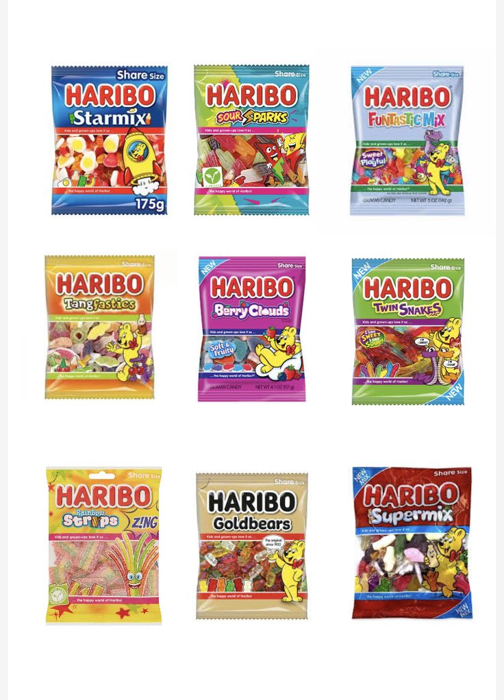 various flavors of harbo gummy candy bars are shown in this image, with the