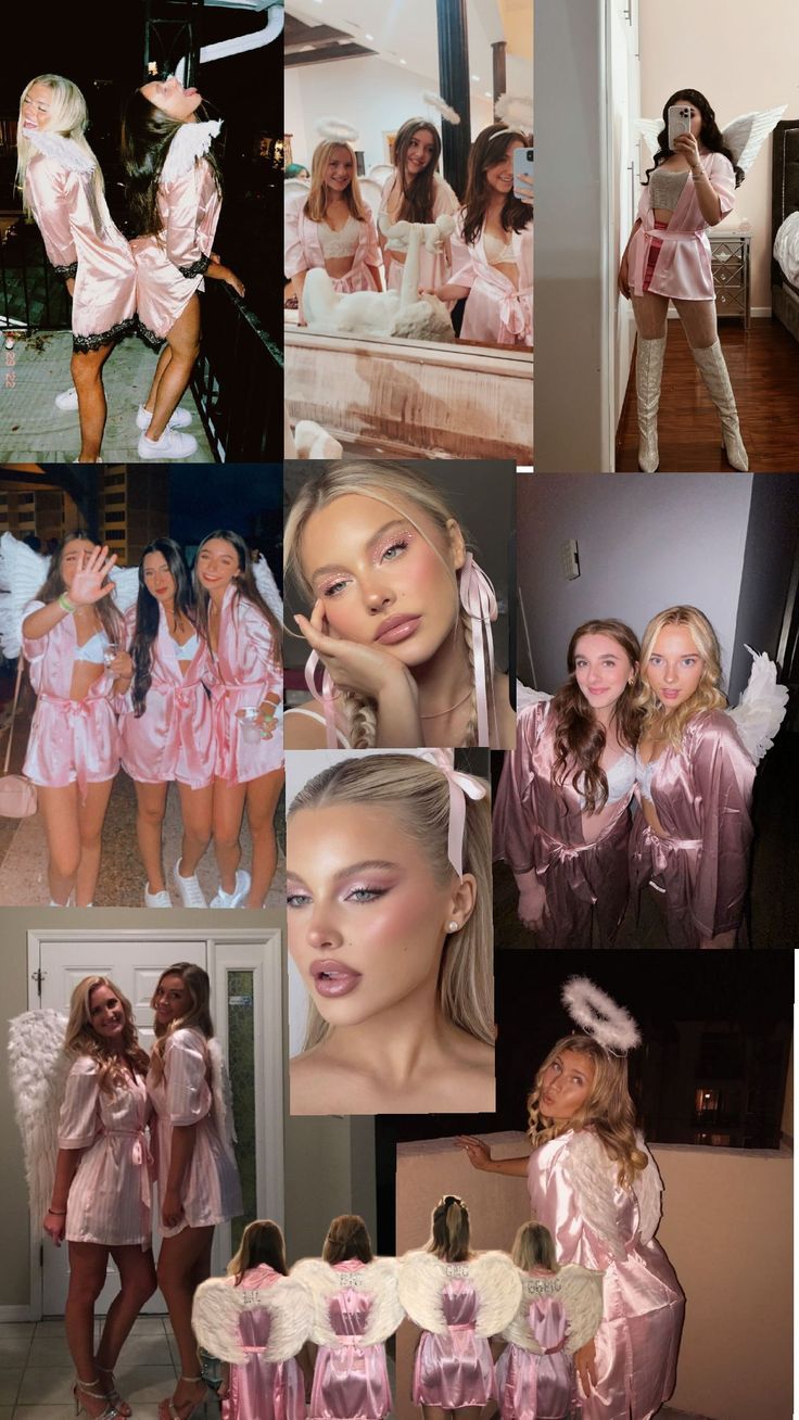 the collage shows many different images of women in pink outfits