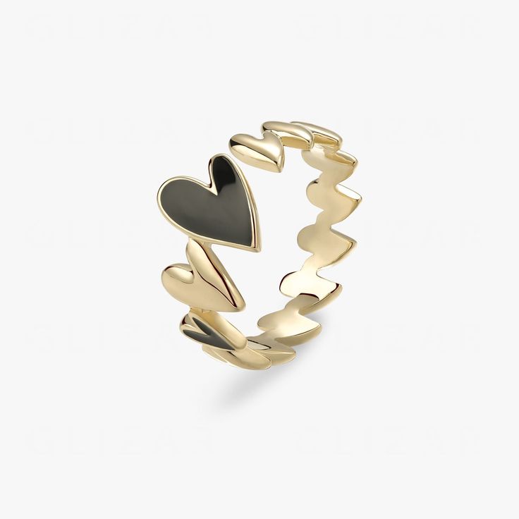 The most distinctive ring in the GLIZAR open ring series consists of a set of heart-shaped elements. Its timeless meaning makes this stunning a perfect gift for your special lover. Our ultimate basic pieces ready to be layered, stacked and combined between them and your favorite signature designs. Simple, natural & hones. Amour Dara ring made of carefully polished Sterling brass plated in 14k Gold. It couldn’t be easier. Beautiful, minimal jewelry that meets all needs. Size: 16.8mm (Internal Dia Black Promise Ring With Polished Finish, Fine Jewelry Black Stackable Rings, Black Stackable Rings Fine Jewelry, Black Stackable Fine Jewelry Rings, Black Enamel Ring In Fine Jewelry Style, Luxury Black Promise Rings, Luxury Black Stackable Rings For Anniversary, Black Open Ring Jewelry For Promise, Black Open Ring For Promise