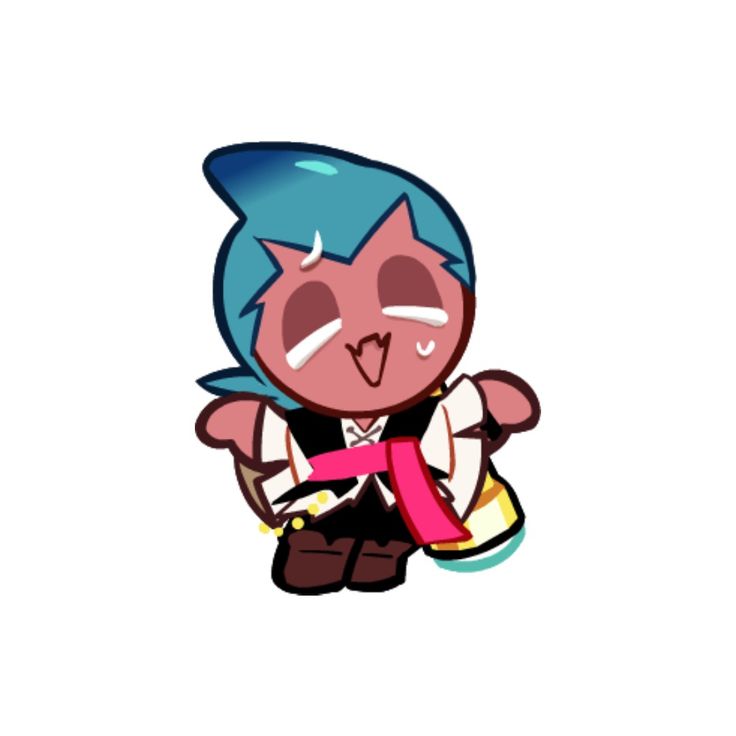 a cartoon character with blue hair and an eye patch on his face, wearing a pink scarf