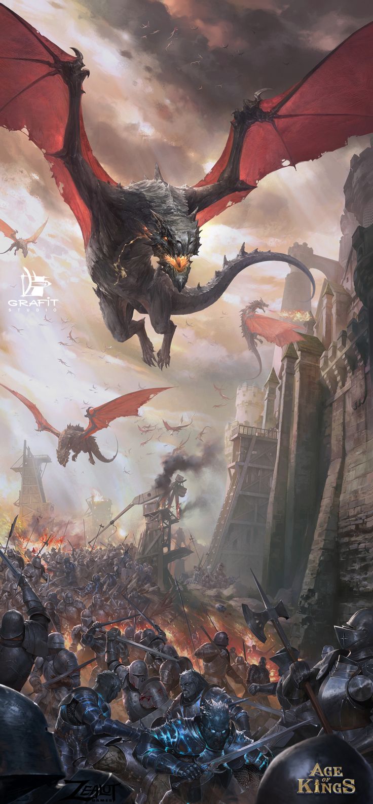 a large dragon flying over a city filled with lots of rubble and other things in the sky