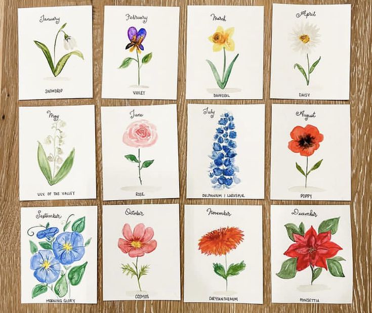 nine cards with different types of flowers in them on a wooden surface, each containing the names of their favorite plants