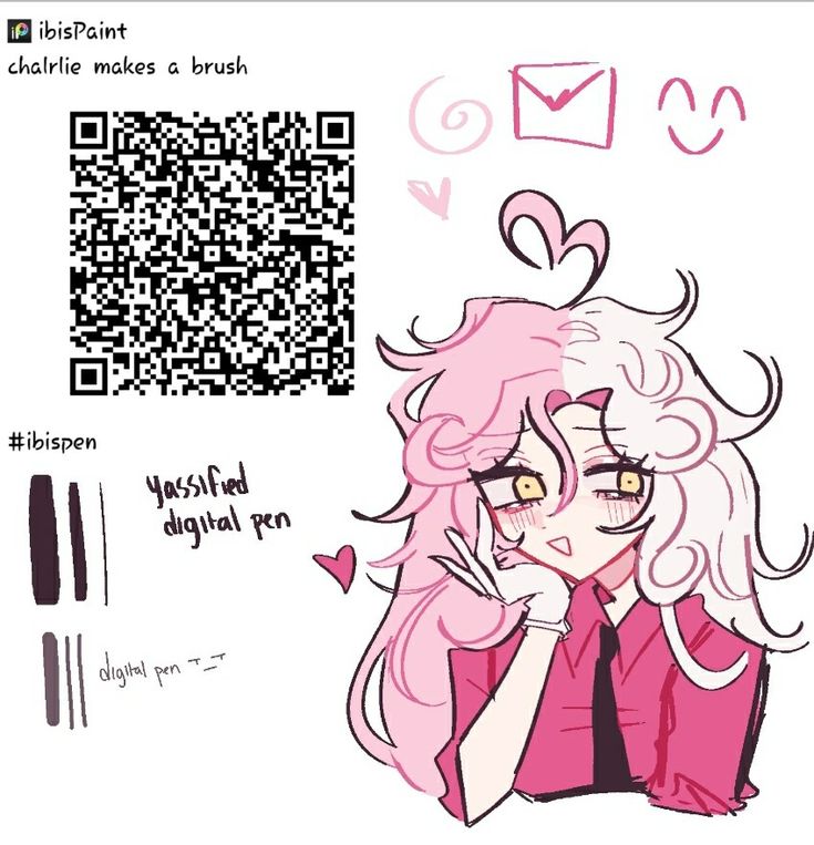 a drawing of a girl with pink hair holding a cell phone to her ear and looking at the qr code