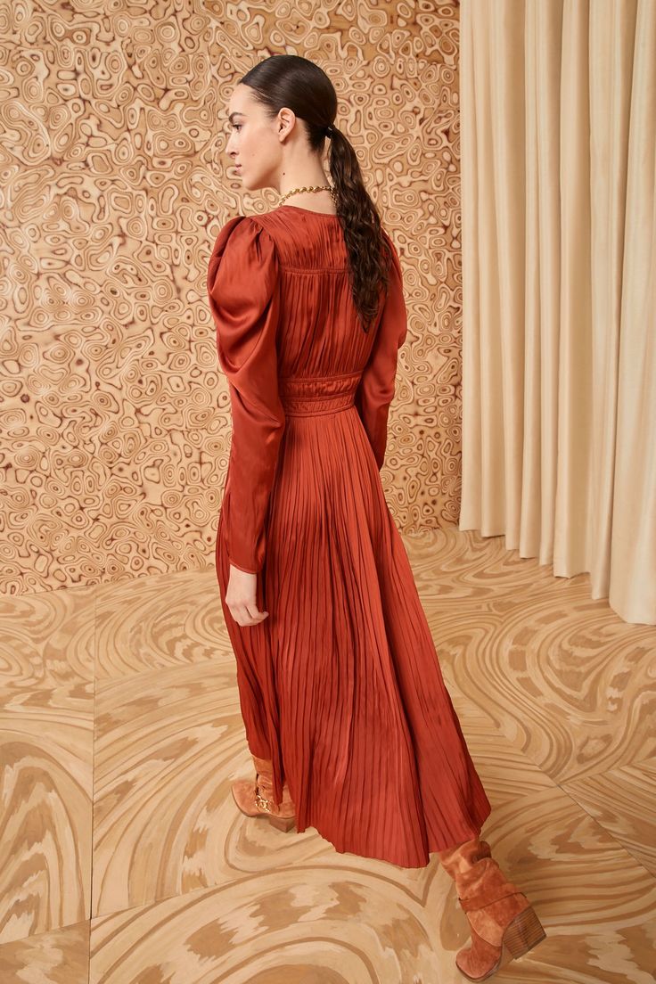 Sculptural Sleeves, Ulla Johnson Dress, Nyc Boutiques, Red Dresses, Coral Red, Midi Dress With Sleeves, Knit Sweatshirt, Signature Print, Long Sleeve Midi