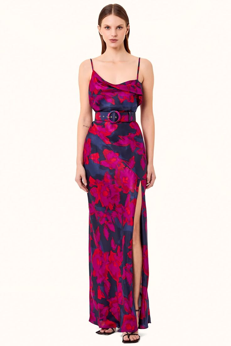 Belira Dress - Magenta Blurred Floral Print – NICHOLAS Belted Fitted Dress For Gala, Fitted Belted Dress For Gala, Fitted Evening Dress With Belt Detail, Fitted Belted Maxi Dress For Night Out, Fitted Maxi Dress With Belt For Evening, Chic Belted Maxi Dress For Party, Chic Party Maxi Dress With Belt, Formal Fitted Maxi Dress With Belt, Fitted Maxi Dress With Belt For Party