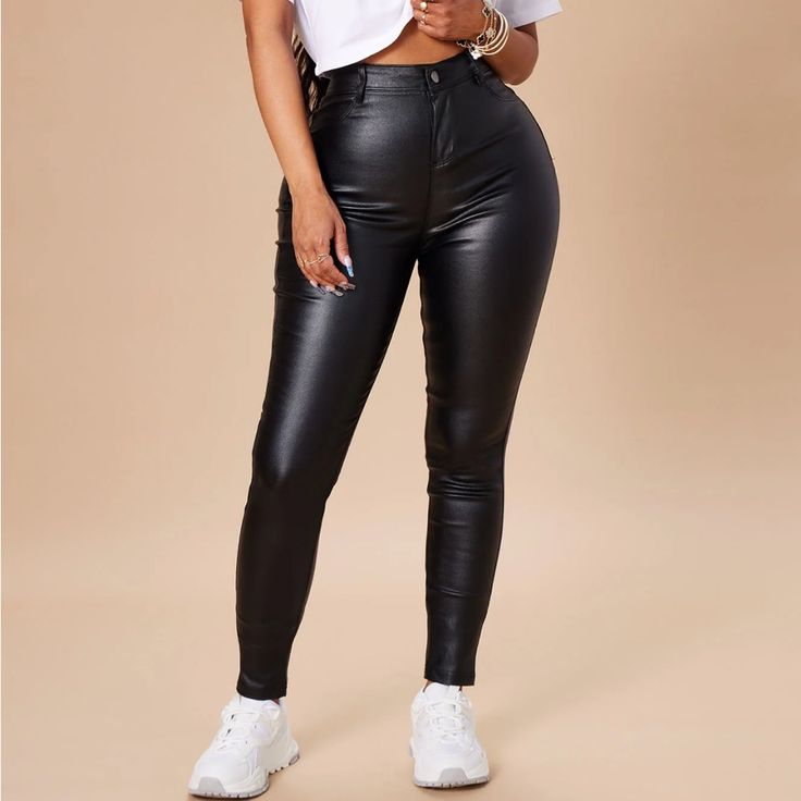 (Never Worn) Fashion Nova High Rise Pants Size M Casual Solid Pants For Going Out, Casual Solid Color Pants For Going Out, High Waist Black Leather Pants For Spring, Black High Waist Leather Pants For Spring, Solid High Waist Bottoms For Going Out, Black Leather High-waisted Pants For Spring, Spring Black High-waisted Leather Pants, Casual Fitted Mid-rise Leather Pants, Casual High-waisted Leather Pants For Going Out