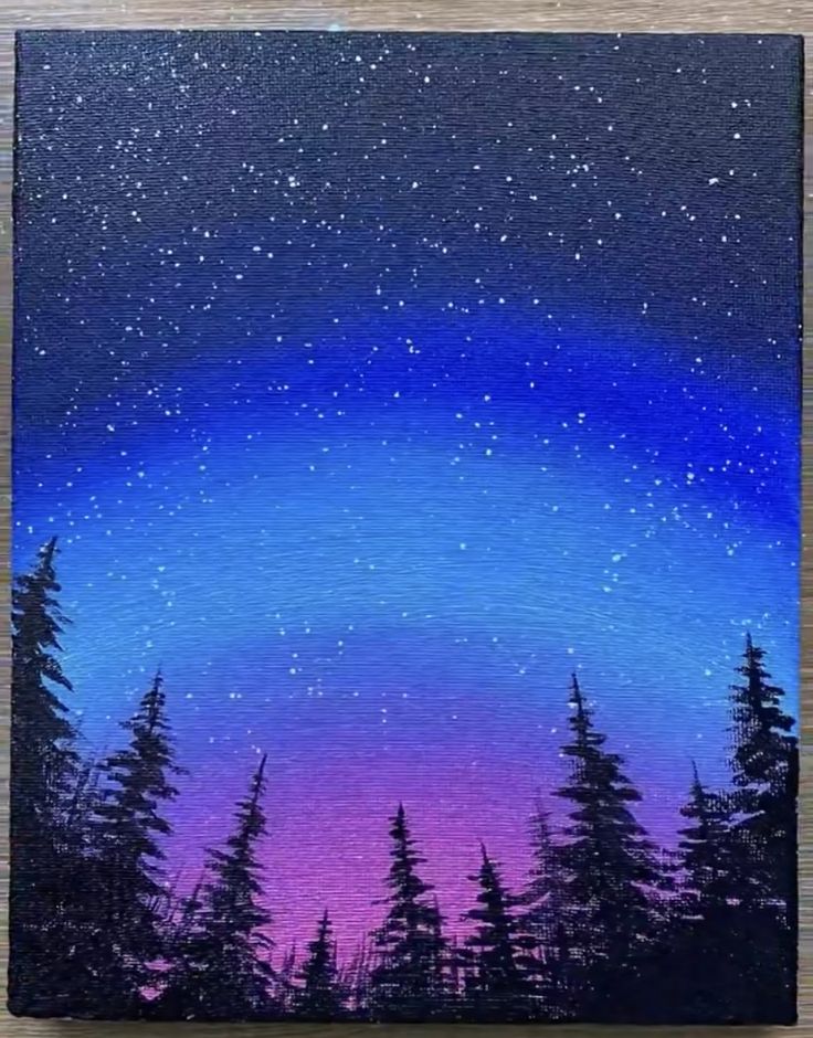 an acrylic painting of the night sky with trees