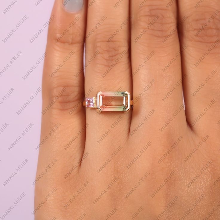 Tourmaline With Pink Sapphire Stackable Ring, Two Stone Ring, Bicolor Gemstone Ring, Birthday, Anniversary Fine Gift Jewelry PRODUCT SKU- 3043 MAIN STONE - Tourmaline STONE COLOR - Bicolor STONE SHAPE - Octagon STONE WEIGHT - 3.28Ct Approx. STONE BIRTH STONE MONTH - Octagon MAIN STONE - Pink Sapphire  STONE COLOR - Pink STONE SHAPE - Princess STONE WEIGHT -0.19Ct Approx. STONE BIRTH STONE MONTH -September  THIS RING ALSO AVAILABLE IN OTHER GESMTONES MORE OPTION IN GOLD COLOR -  Rose Gold, White Gold and Yellow Gold Ring Size : US 7 (Resizable and charge apply above US 8) ▷ Returns & Exchanges I understand how important it is to love what you buy! If, for any reason, you are not satisfied with your purchase, I gladly accept returns, exchanges, and cancellations. * Please contact me within 2 Baguette Cut Tourmaline Jewelry For Weddings, Wedding Rings With Baguette Cut Tourmaline, Anniversary Tourmaline Crystal Ring With Gemstone, Baguette Cut Tourmaline Wedding Ring, Anniversary Tourmaline Crystal Ring, Emerald-cut Tourmaline Wedding Jewelry, Emerald Cut Tourmaline Wedding Jewelry, Tourmaline Gemstone Ring For Wedding, Wedding Tourmaline Gemstone Rings