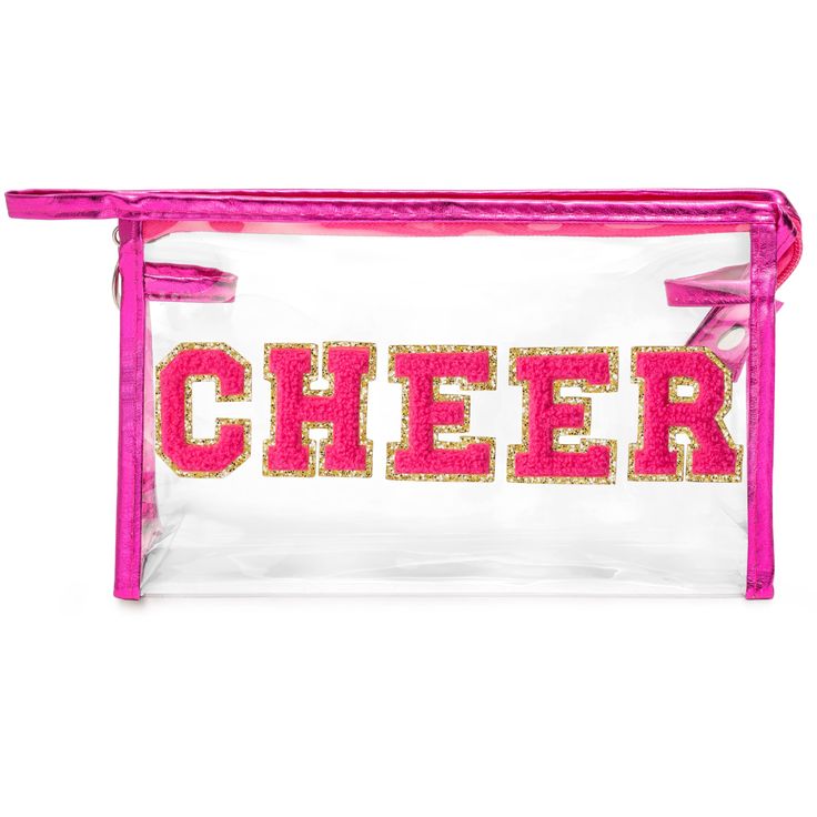 a clear bag with the word cheer in pink glitter letters on it, sitting against a white background