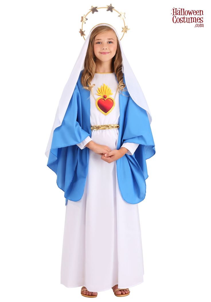 Virgin Mary Costume, Mary Costume, Saint Costume, Small Veil, Nativity Costumes, Veil Length, Blue Shawl, Dress With Shawl, Large Dress