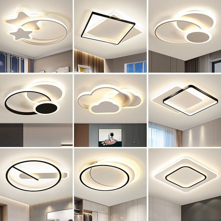 the different lighting fixtures are shown in this photo collage, including square lights and round shapes