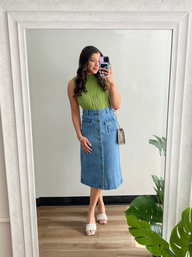 Green Top Denim Skirt, Button Denim Skirt Outfit, Skirt Top Outfit Western, Skirt And Top Western Outfit, Green Summer Top, Midi Skirt Denim, Denim Skirt Outfit Summer, Green Denim Skirt, Denim Skirt Outfit