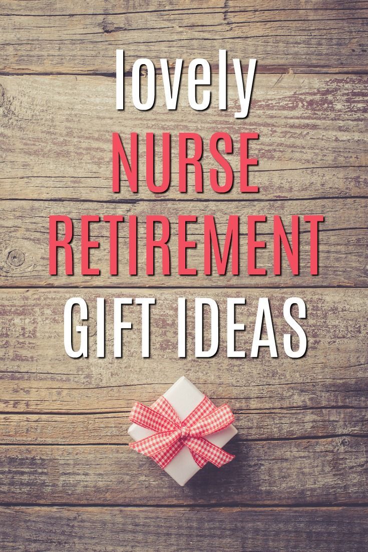 the words lovely nurse retirement gift ideas on a wooden background with a present wrapped in red and white ribbon