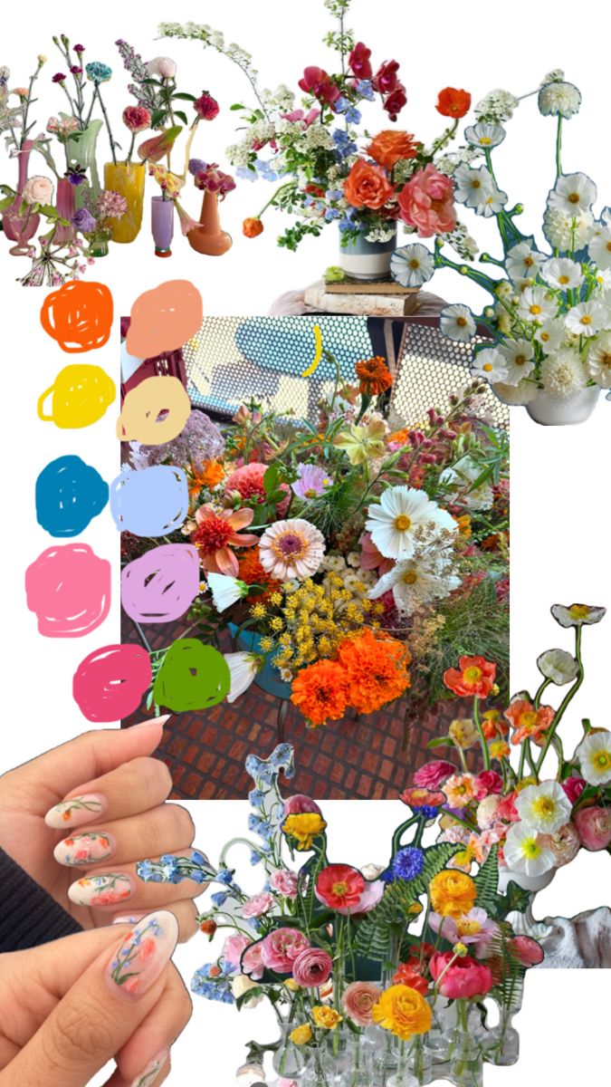 a collage of flowers and vases with different colors on them, including one being painted