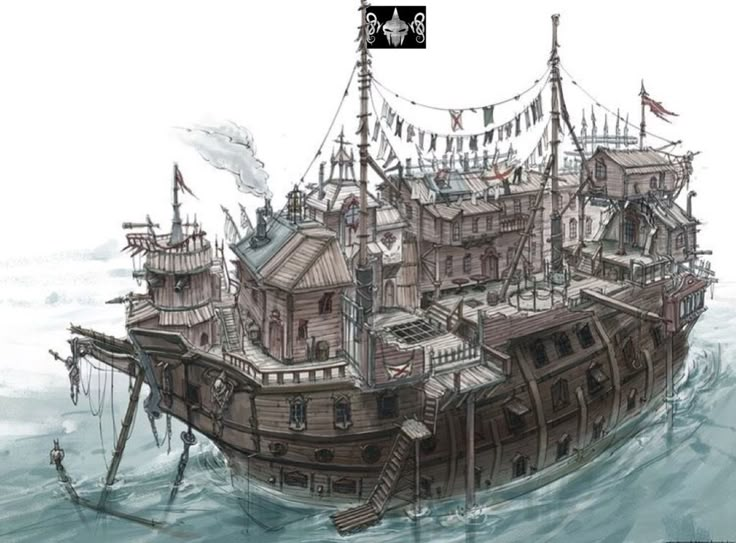 a drawing of an old pirate ship in the ocean