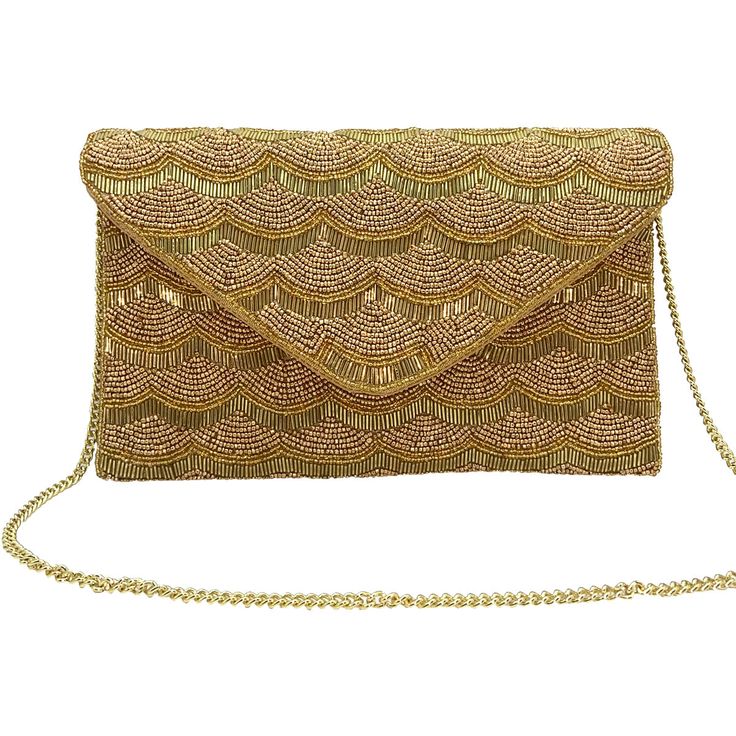 This beaded clutch also has a chain strap to wear as a crossbody. The beautiful beaded detail adds elegance and fun to any outfit. 10"x6" Beaded Crossbody Shoulder Bag For Evening, Glamorous Beaded Clutch Evening Bag, Party Beaded Crossbody Shoulder Bag, Beaded Crossbody Clutch, Party Crossbody Bag With Beaded Details, Beaded Crossbody Shoulder Bag For Party, Beaded Evening Bag For Night Out, Evening Beaded Clutch, Glamorous Gold Beaded Shoulder Bag