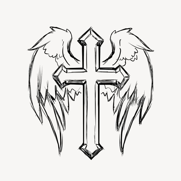 the cross with wings is drawn in black and white