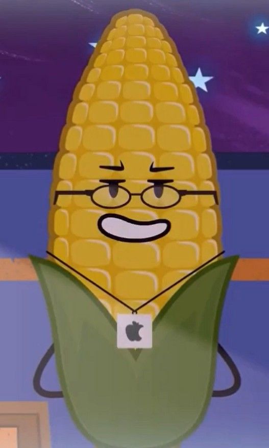 an animated corn on the cob with glasses and a frowning face, in front of a night sky