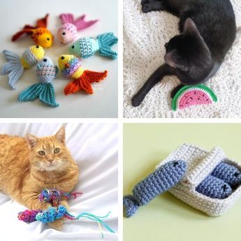 there are four different pictures with cats and crocheted toys in them, one is cat bed, the other has fish on it