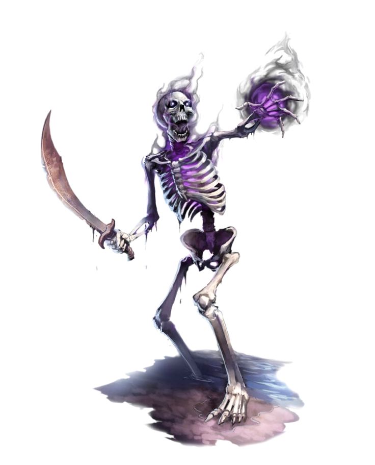 a skeleton holding a knife in its right hand and wearing a purple outfit with flames on it