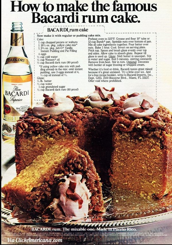 an advertisement for bacardi rum cake with chocolate frosting and nuts on top