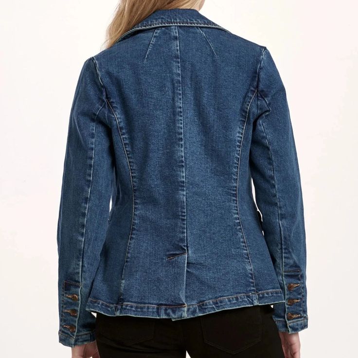 Denim blazer jacket, long sleeve with button closures, seams & center back vent, flap pockets & darts for shape support. Dark wash denim on standard fit. Body length from HPS: 26", Sleeve length: 24", Bust: 36" (Size Small) 99% COTTON 1% SPANDEX Machine wash cold, Tumble dry low. Classic Long Sleeve Denim Jacket With Double Button Closure, Spring Fitted Blazer With Buttoned Pockets, Classic Medium Wash Blazer With Button Closure, Denim Blue Single Breasted Jacket With Lapel Collar, Denim Notch Lapel Outerwear With Button Closure, Long Sleeve Fitted Denim Outerwear, Denim Outerwear With Notch Lapel And Button Closure, Spring Denim Jacket With Notch Lapel And Button Closure, Fitted Long Sleeve Denim Outerwear