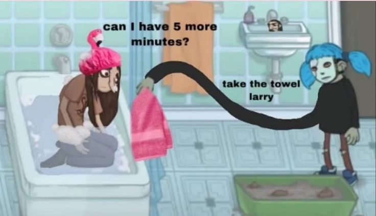 two cartoon characters are in the bathroom and one has a pink towel on his head