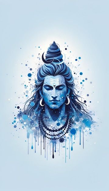 the face of hindu god with blue paint splatters on his body and head