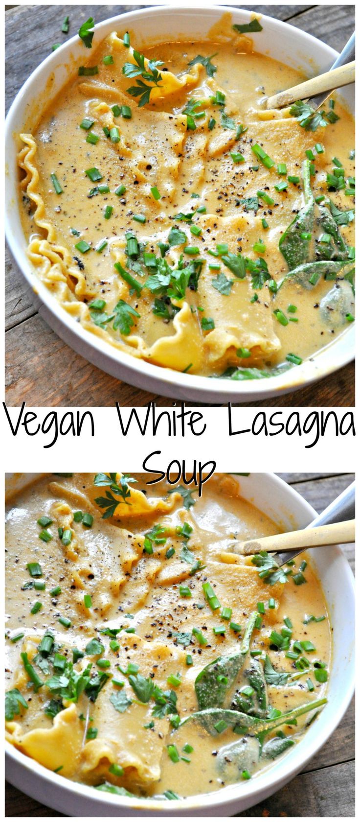 two pictures of lasagna soup with spinach and cheese