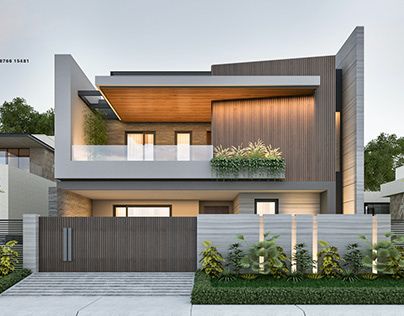 an architectural rendering of a modern house with trees and bushes on the front lawn area