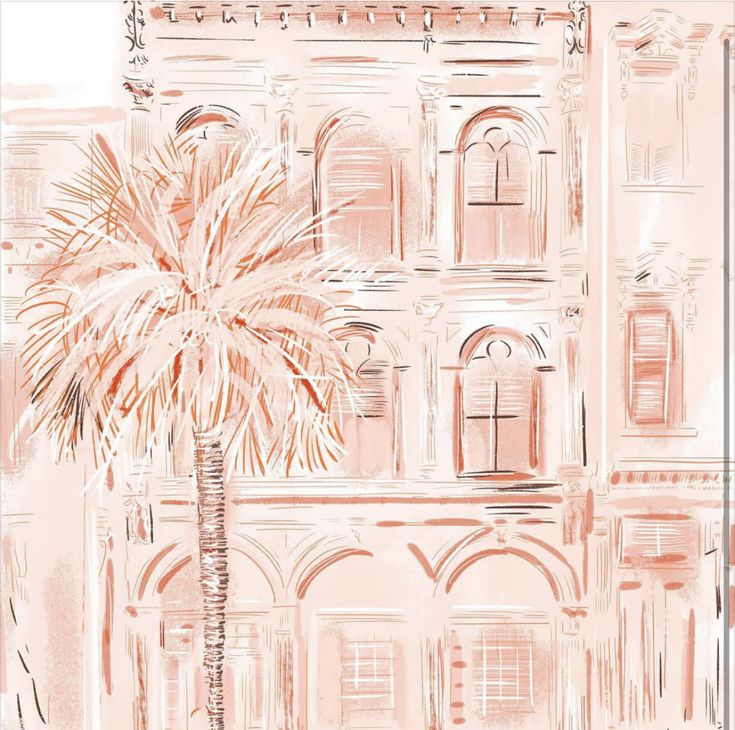 a drawing of a palm tree in front of a pink building with arched windows and shutters